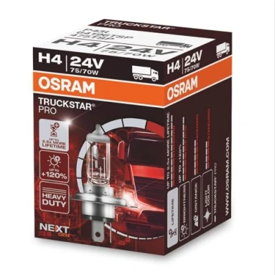 Image of OSRAM TRUCKSTAR PRO H4, +120% more brightness, halogen headlight lamp, 64196TSP, 24V truck folding box (1 lamp)