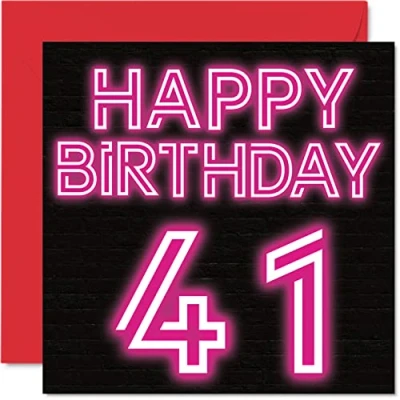 Image of Fun 41st Birthday Cards for Men Woman Neon Glow Happy Card Dad Mum Brother Sister Grandad Nanny Grandma Uncle Auntie, 145mm x Greeting Cards,
