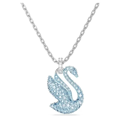 Image of Swarovski Iconic Swan Pendant Necklace, Blue and White Crystals in a Rhodium Plated Setting, from the Collection