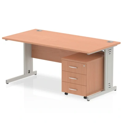 Image of Impulse 1600x800 Desk Beech Top Silver Cable Managed Leg + Mobile Ped