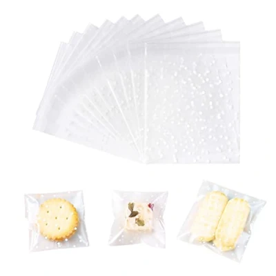 Image of 200 Pcs Clear Cellophane Bags, Cookie Bags Thickened Self Seal White Polka Dot Packaging Bag Plastic Small Sweet for Bakery, Cookie, Candies, Gift (5.5 X 5.5+3cm)