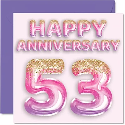 Image of Pretty 53rd Anniversary Card for Wife Girlfriend Husband Boyfriend Pink Purple Glitter Balloons Happy 53 Cards from Family, 145mm x Greeting Fifty Third Anniversaries