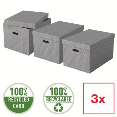 Image of Esselte Large Storage Box With Lid, Pack Of 3, Home/Office &amp; Organisation, 100% Recycled Cardboard, Recyclable, Home Geometric Design, Grey, 628287