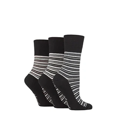 Image of Women&#039;s 3 Pair Gentle Grip Cotton Patterned and Striped Socks Varied Stripe Black 4 8 Ladies