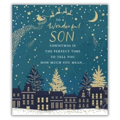 Image of Paperlink Wonderful Son Christmas Card Santa&#039;s Sleigh at Night with Foil and Embossed Details Eco Friendly Recyclable
