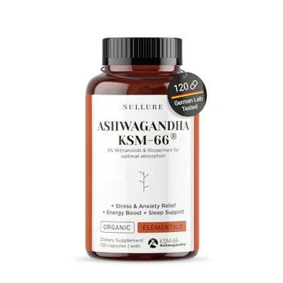 Image of Nullure Organic Ashwagandha KSM 66 + Bioperine Vegan 600mg Anxiety Relief · Anti Stress (Cortisol) Endurance Sleep Quality Additives Free 5% Withanolides 120 Capsules (2 Months)