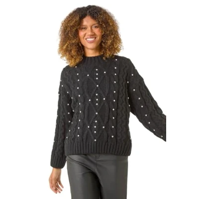 Image of Roman Originals Diamante Cable Knit Jumper for Women UK Ladies Everyday Autumn Winter Funnel Neckline Comfy Soft Evening Vacation Work Party Night Out Black Size 14