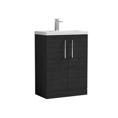 Image of Compact Floor Standing 2 Door Vanity Basin Unit with Ceramic 600mm Woodgrain Charcoal Black