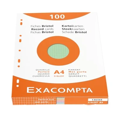 Image of Exacompta Ref 13656E Bristol Squared &amp; Punched Record Cards (Pack of 100) A4 in Size, 205gsm Card, Compatible with Printers Suitable for Exam Revision Notes Assorted Colours