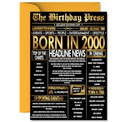 Image of Gold 25th Birthday Card for Men Women Black &amp; Golden Newspaper Born in 2000 Happy 25 Cards Colleague Friend Cousin Sister Niece Son, A5 Bday Greeting