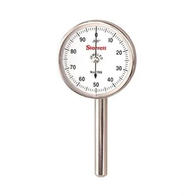Image of Starrett 196B1 Universal Dial Indicator, Back Plunger, White Dial, 0 100 Reading, 0.2&quot; Range, 0.001&quot; Graduation