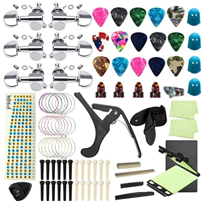 Image of TTCR II 84 PCS Guitar Accessories Kit with 6PCS 3L3R Acoustic Tuning Pegs, Tuner,Guitar Strap,Guitar Capo,3 Set Strings,10 Picks, Bridge Pins Saddle and Nuts etc.