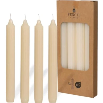 Image of Decorative Pencil Candles Taper Candle Set 4X Single Colour + Ribbed Table 20 cm Burning Time 7 Hours (Cream)