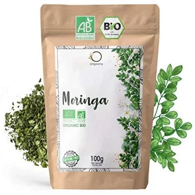 Image of ORIGEENS Moringa tea Organic 100g DRIED LEAVES loose theine free, Revitalizing herbal