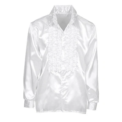 Image of WIDMANN 01170 70s Disco Style Shirt, Adult Man, Made of Satin, With Ruffles, Carnival, Disco, Size XXL, White Color