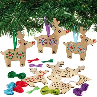 Image of Baker Ross AX307 Reindeer Wooden Cross Stitch Kits Pack of 5, Christmas Decorations for Kids to Make and Display, Ideal Arts Crafts Project