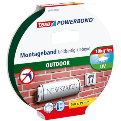 Image of tesa Powerbond Outdoor Double Sided Mounting tape for Use UV , Water and Temperature Resistant Adhesive Holds up to 1 kg per 10cm