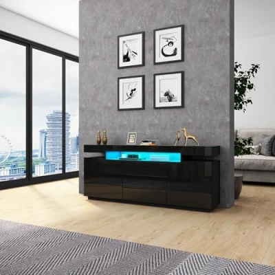 Image of Chebinsiti Black Gloss Sideboard Cabinet Storage Cupboard for Living Room Dining LED TV Stand Unit with 2 Doors 3 Drawers 160cm