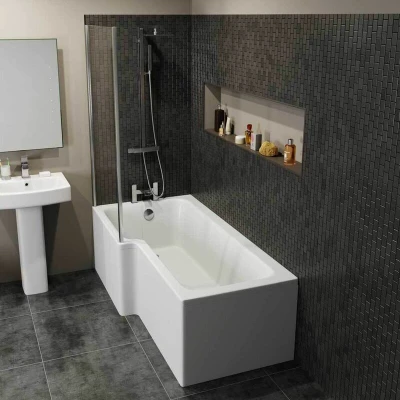 Image of Ceramica L Shaped Shower Bath Bundle 1700mm Left Hand Inc. Screen &amp; Front And End Panel