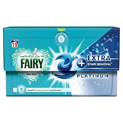 Image of Fairy Non Bio PODS® Washing Liquid Laundry Capsules 19 Washes, Platinum, With Extra Stain Removal For Sensitive Skin