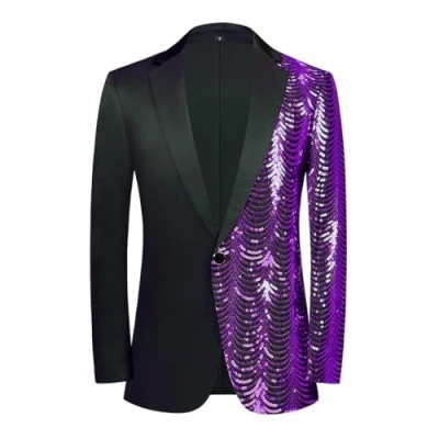Image of PYJTRL Men Green Blue Gold Leaves Pattern Sequins Blazer (Purple,XL)