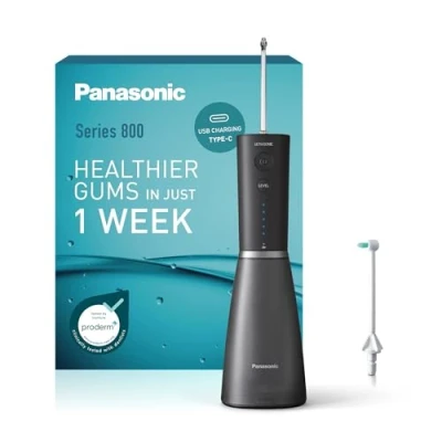 Image of Panasonic Series 800 Ultrasonic Oral Irrigator EW DJ86 K511, Water Flosser for Teeth, 200ml, 1 &amp; Orthodontic Nozzle, 5 Pressure Settings, Travel Accessory, USB C Charging, Black