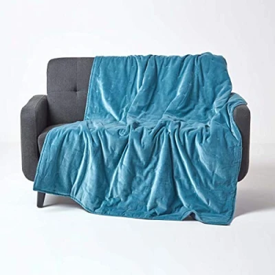 Image of HOMESCAPES Luxury Blue Velvet Throw Super Soft Thick Cotton Blanket with Handwoven Embroidered Dots and Quilting Reversible Bedspread Cosy Warm Bed or Sofa Throw, 125 x 150 cm