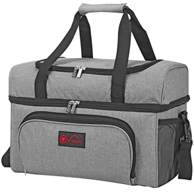 Image of Vinsani 30L Cooler Bag Dual Compartment Grey Curve Large Capacity Double Decker Insulated Picnic Storage Foldable Leakproof &amp; Portable Suitable for Camping Beach Car Outdoor Travel