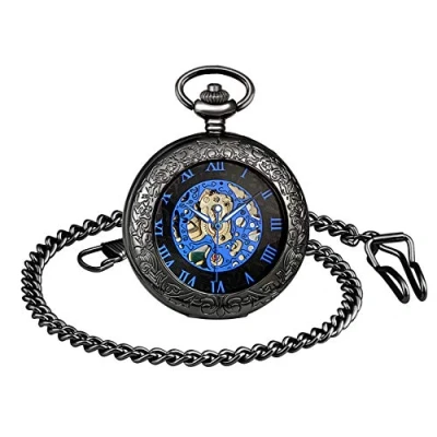 Image of MICGIGI Unisex Pocket Watch Mechanical Hand Wind Analogue Skeleton Movement Fob Watches with Chain