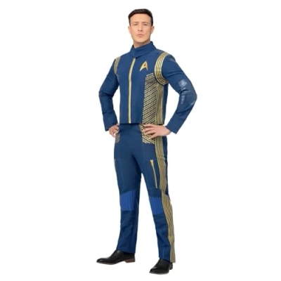 Image of Smiffys Star Trek Discovery Command Uniform Adults Jacket &amp; Trousers, Official License Outfit with Distinctive Elbow Patches Gold Detailing, Halloween Fancy Dress Costume