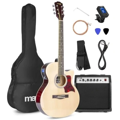 Image of Max SHOWKIT Beginner Electric Acoustic Guitar Kit with 40W Amplifier, Built in Tuner, EQ, Natural Finish Ultimate Starter for All Skill Levels