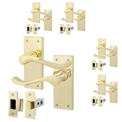 Image of EAI Polished Brass Victorian Scroll Door Handle Latch Set 5 Pairs of Internal Lever Handles on Backplate &amp; (64mm)