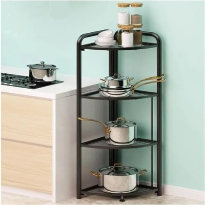 Image of FEFE Corner Storage Shelf Aluminum Plant Pot Stand Shelving, Bookshelf Shelving Display Unit For Bedroom Living Room Home Black (4 Tier)