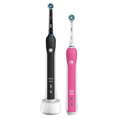 Image of Oral B Pro 2 Electric Toothbrush with Smart Pressure Sensor, Handles, Cross Action Heads, Modes Daily Clean, Gifts for Men/Women, Pin UK Plug, 2900, Black &amp; Pink
