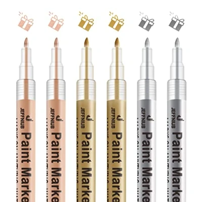 Image of JEFFNIUB Acrylic Pens for Stones Waterproof Pack of 6 Rose Gold Silver Metallic 0.7 Thin Tip Permanent Marker Pen on Wood, Glass, Paper, Ceramic, Canvas, Leather
