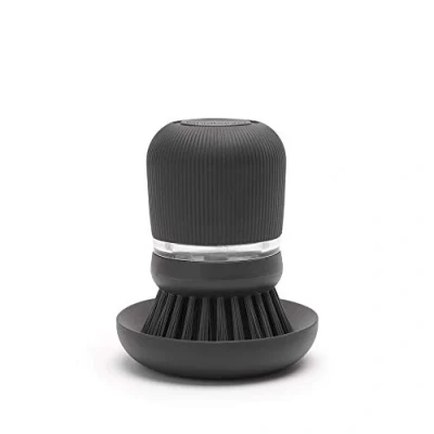 Image of Brabantia Refillable Soap Dispensing Washing Up Brush (Dark Grey) Secure Grip Palm with Storage Tray