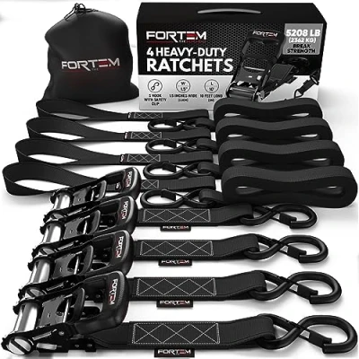 Image of FORTEM Ratchet Tie Down Straps, 2362kg Break Strength, (4) 3.04 Meter Heavy Duty Soft Loops, Rubber Coated Metal Handles, Plastic Hooks, Carrying Bag (Black)