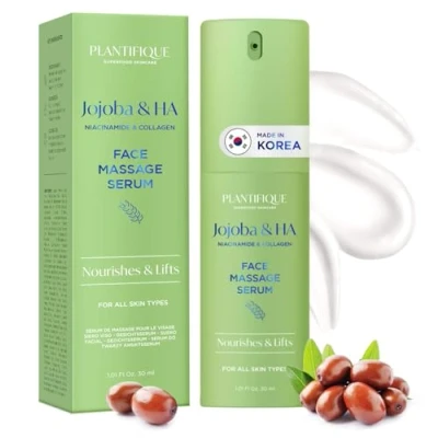 Image of PLANTIFIQUE Jojoba Oil &amp; Hyaluronic Acid Face Serum for Gua Sha Massage with Vitamin C, E Niacinamide Glowing Skin, Korean Skin Care Hydrating Anti Aging Facial Women Men