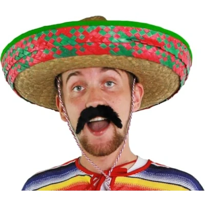 Image of Adults Mexican Accessory Set Pack of 1 Green Embroidered Sombrero, Black Tash Mexico Fiesta Cinco de Mayo Fancy Dress Costume
