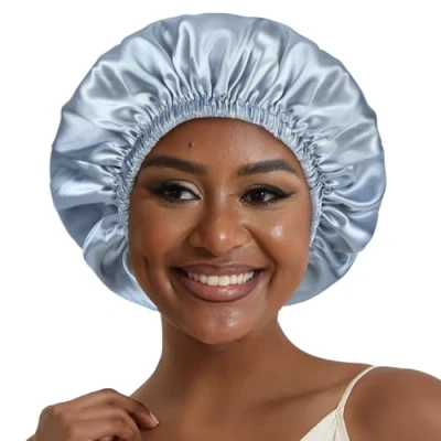 Image of Hat Hut Satin Bonnet Silk for Sleeping Hair Cap Curly Wrap Reversible (Ash Blue/Black)