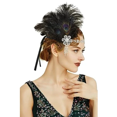 Image of BABEYOND 1920s Headband Flapper Headpiece Vintage with Crystal Great Gatsby Accessories for Pageant Themed Party Wedding (Black)(Size: One Size)