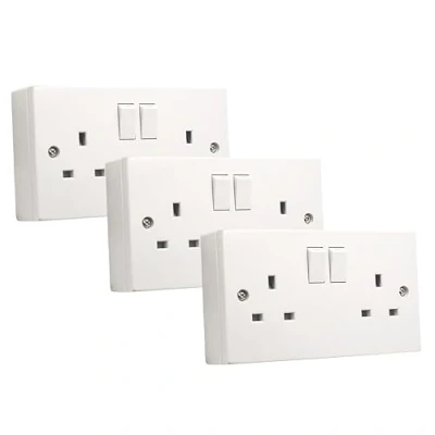 Image of SHPELEC® Square Edge White 13A 2 Gang Switched Socket with 25mm Surface Mount Pattress Box (3 PACK)