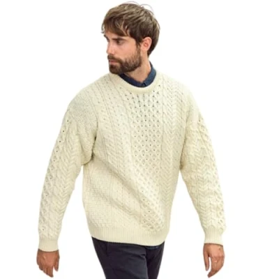 Image of Aran Woollen Mills Traditional Irish Merino Wool Sweater, Large, White