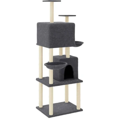 Image of vidaXL Cat Tree Dark Grey Multi level Tower with 2 Houses and Platforms, Engineered Wood, Plush Sisal Material