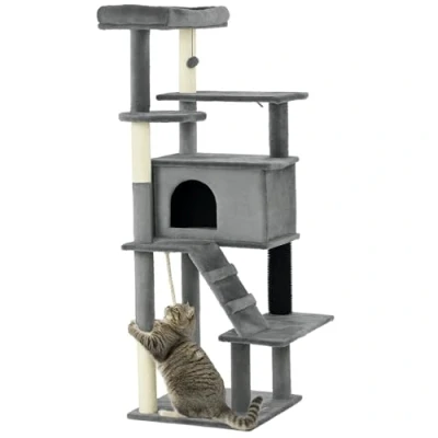 Image of PawHut 148cm Cat Tree for Indoor Cats with Scratching Post, Tower Two Cats, House, Bed, Toy, Grey