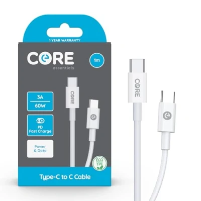 Image of CORE + Essentials 1M USB C to Charger Cable 2.4A Power DELIVERY Fast Charging Compatible with iPhone 15 Pro/Max, Macbook, Samsung, Google Devices (1 x Delivery)
