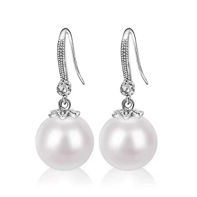 Image of YAXUN 925 Sterling Silver Pearl Earrings For Women with AAAAA Cubic Zirconia Crystal Diamond 12mm Round White Dangle Drop Hook Fashion Jewellery Gifts