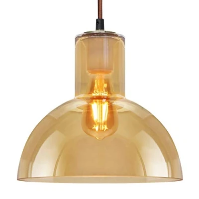 Image of Modern Vintage Glass Dome Pendant Light Amber Smoked Ceiling Lamp Shade Industrial Brass Holder M0223