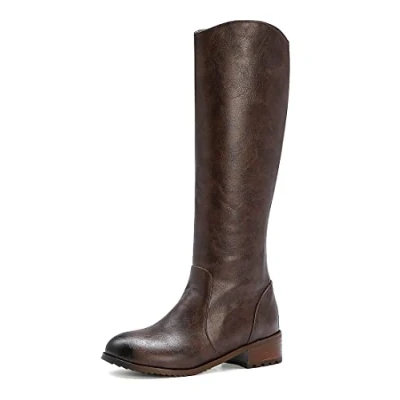 Image of REKALFO Womens soft PU Leather zipper lace up Knee High Boot flat Winter Fashion Boots brown 6 UK