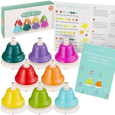 Image of THE TWIDDLERS 8 Rainbow Colour Coded Musical Bells for Kids Music Instrument Children Gift Set How To Play Educational Song Guide (Nursery Classics)
